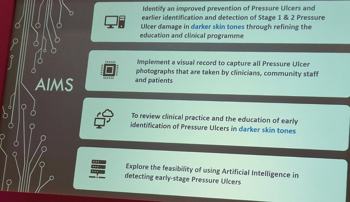 Listening to the fabulous @KCK_Brum sharing her project on identifying early indicators for pressure sores in pts with darker skin. Current training/risk materials focus on on presentation in white skin, so darker skinned pts are identified later. #HealthInequalities #HETT23