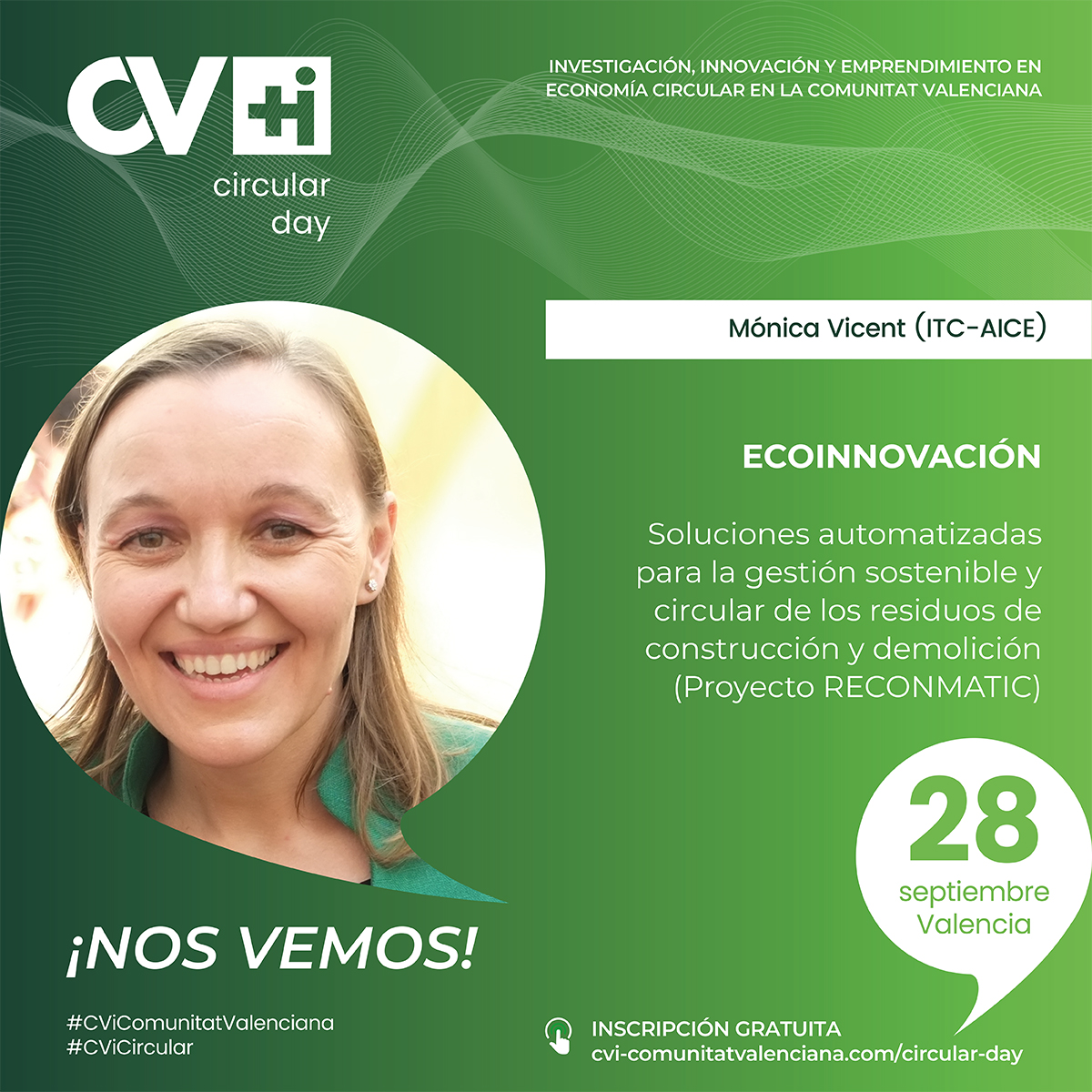 CViComunitatVal's tweet photo. ¡Ponle cara al talento! 👩🔬 Mónica Vicent, del @ITC_ceramica, participa en #CViCircular presentando #RECONMATIC
📅 28 de septiembre 📍 La Rambleta
📝 Inscripciones https://t.co/XbWYzkUccF
⚠ Últimas plazas
#EconomíaCircular #Ecoinnovación #NosVemos https://t.co/2wWIDatIy7