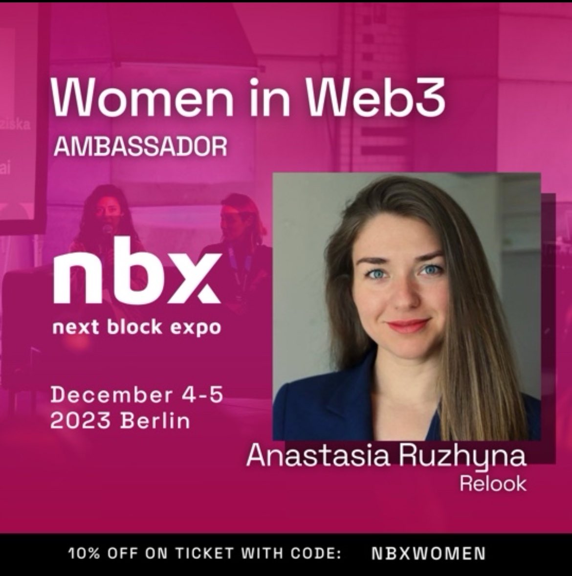 AnastasiaRelook's tweet photo. Thrilled to be a Women in Web3 Ambassador 🦹‍♀️ for #NBXWomen at @nextblockexpo in Berlin on Dec 4-5! Learn more: https://t.co/DdNH7NT0G4 Enjoy a 10% discount with NBXWOMEN. Let's connect for a memorable experience! 🫶 #Blockchain #Web3 #WomenInTech #NextBlockExpo @AnnaWebernbx https://t.co/Uq4cuFl9yI