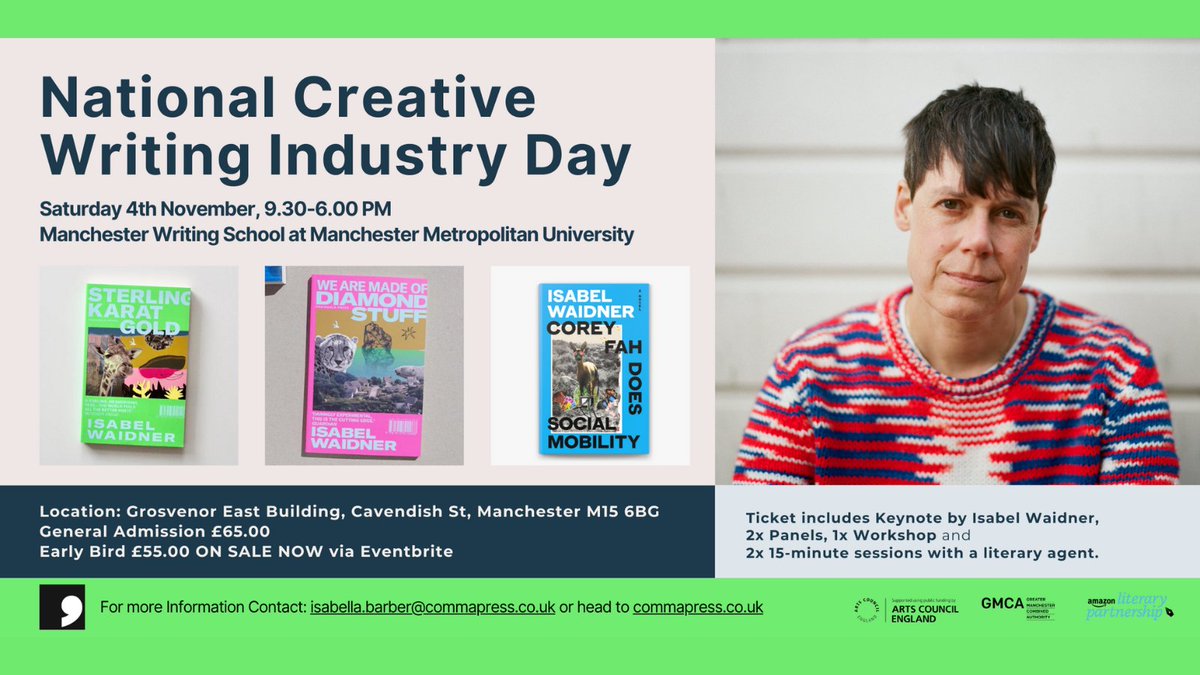Attention #Manchester writers 📣📣 We have a limited number of half-price tickets available for Greater Manchester-based writers at this year's National Creative Writing Industry Day! 🎟️ Email commapublications@yahoo.co.uk to book your discounted ticket while stocks last!