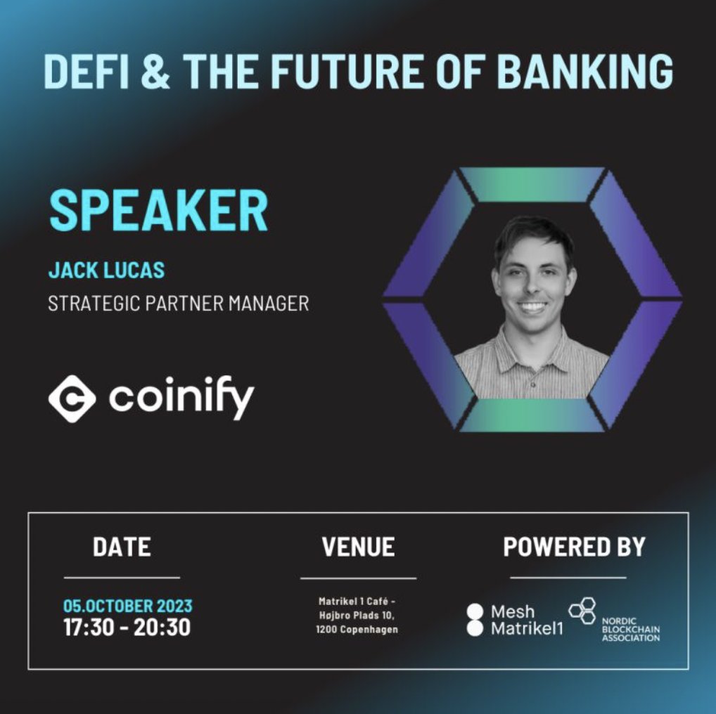 coinify's tweet photo. 📢 Join @coinify in @nordicblock event!

Join our Strategic Partner Manager Jack Lucas who will be part of a #finance panel on “DeFi and The Future of Banking"🚀

🗓 October 5th Thursday
⏰ 5:30-8:30 p.m. CET
🏙 Matrikel1 - Mesh Community Café, Copenhagen

#web3 #defi #blockchain https://t.co/D9DfBJCR95