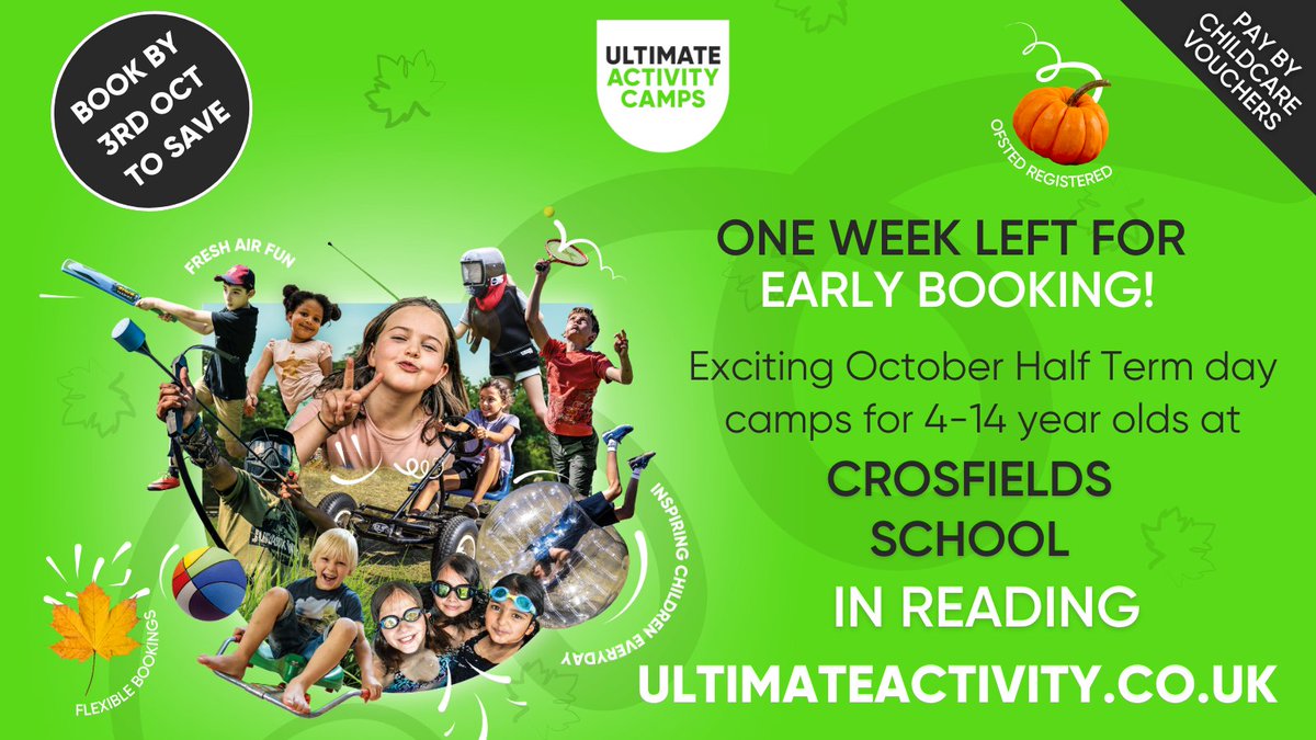 Ult_Activity's tweet photo. 🌟Just one week remaining to make the most of our early booking offer @WeAreCrosfields🤸Book outstanding October Half Term Activities at https://t.co/F0T6njIP1f🍁
@MumsnetReading @rdgchronicle #OctoberCamps #Outdoorplay #CrosfieldsSchool @HSO_Sports @clubhubuk https://t.co/rnjEoiLbTn