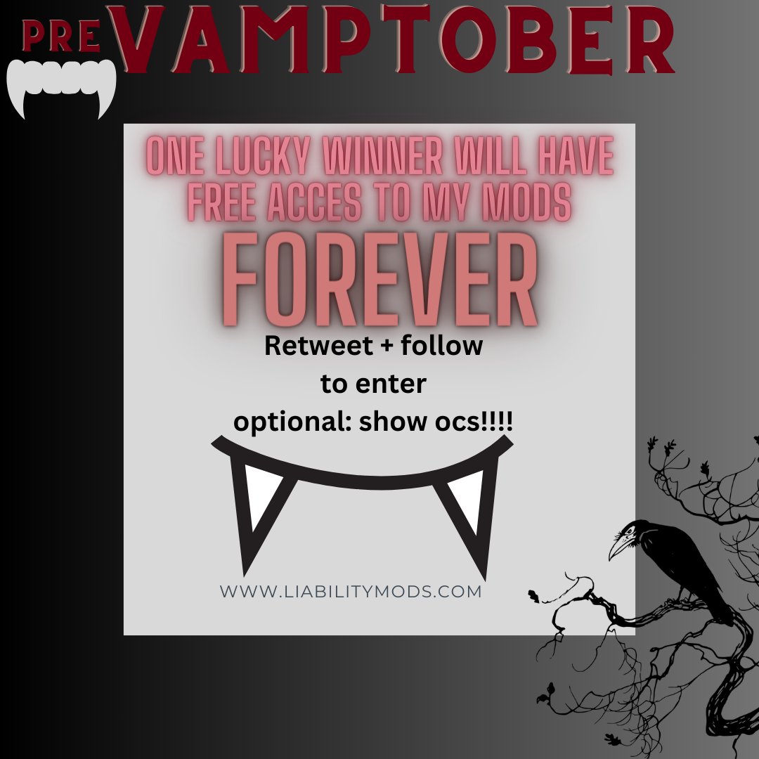 Pre Vamptober giveaway -- until 1 oct.

My theme for October will be Vamptober, and the server, discord.gg/nightingales, will reflect that. There will be a #vamptober challenge, giveaways, and all my mods in october will have a vampiric theme.

I'm super excited about this!! 🦇