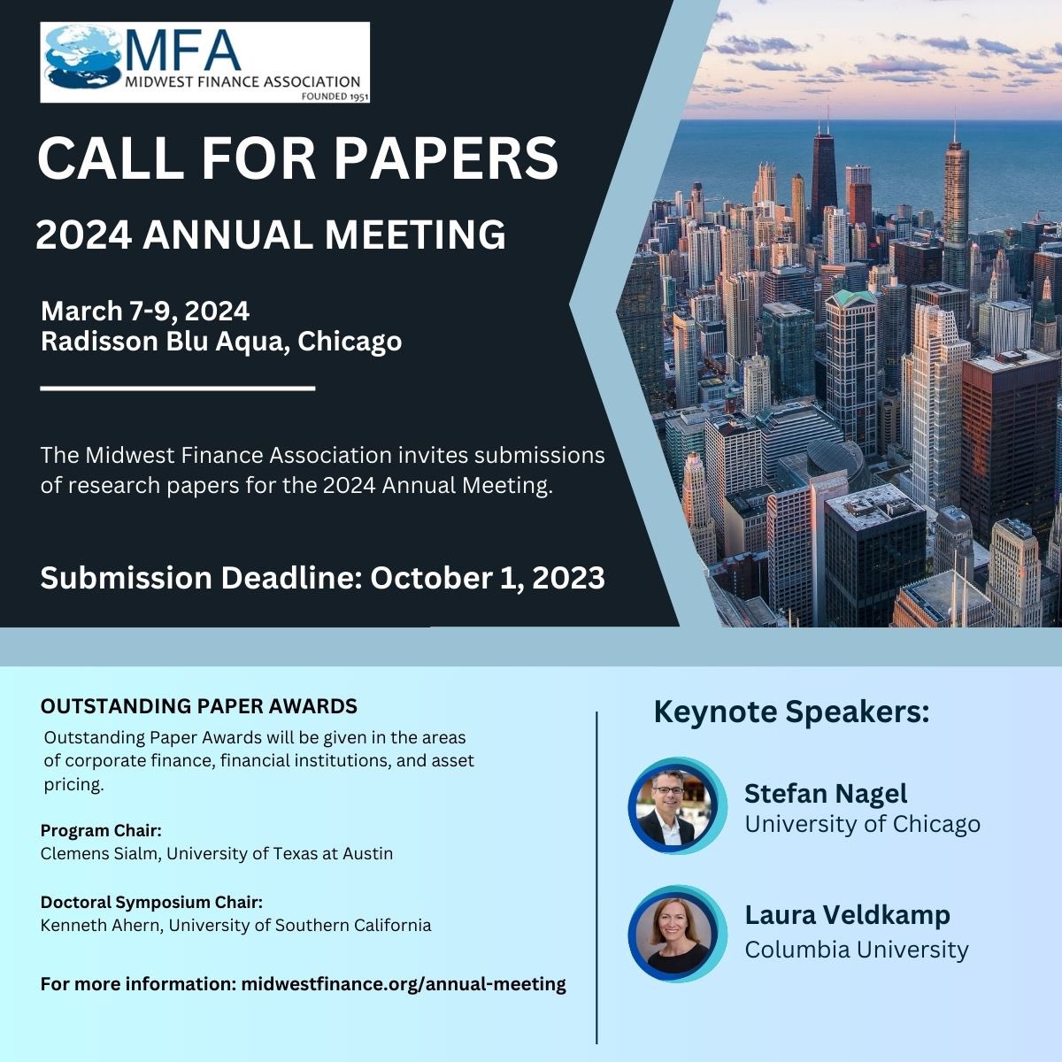 Reminder: Submission deadline for the 2024 MFA Annual Meeting is October 1st. For conference details including Call for Papers visit  midwestfinance.org/annual-meeting