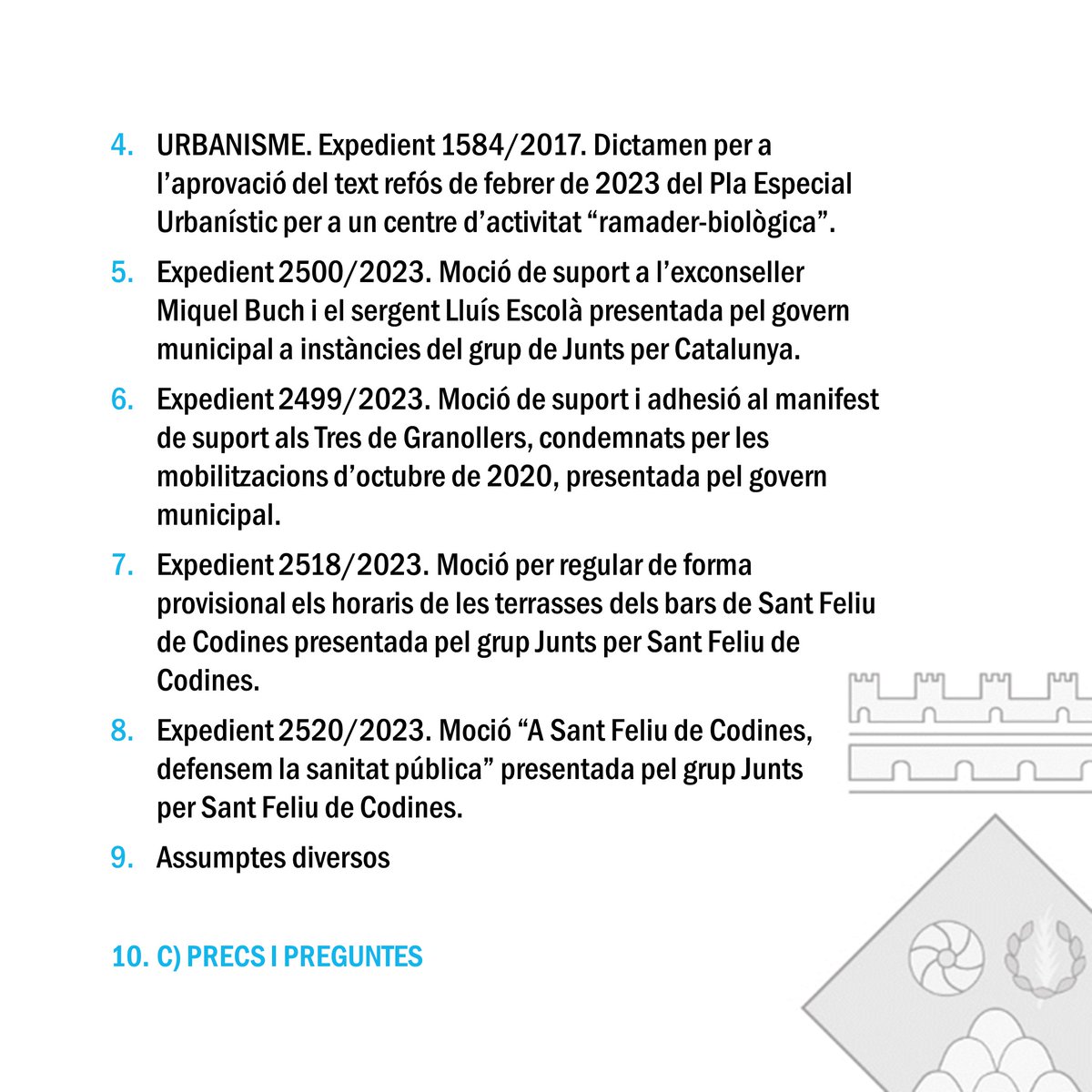 🏛️ #PleSantFeliudeCodines | Ple municipal - Sessió ordinària

📅 Dimecres 27 de setembre 
🕧 A les 18.00h
📍 Sala de Plens de l'Ajuntament

📲 Es podrà seguir en directe al Canal de Youtube #canalcodinenc a youtube.com/@CanalCodinenc

Ordre el dia 👇