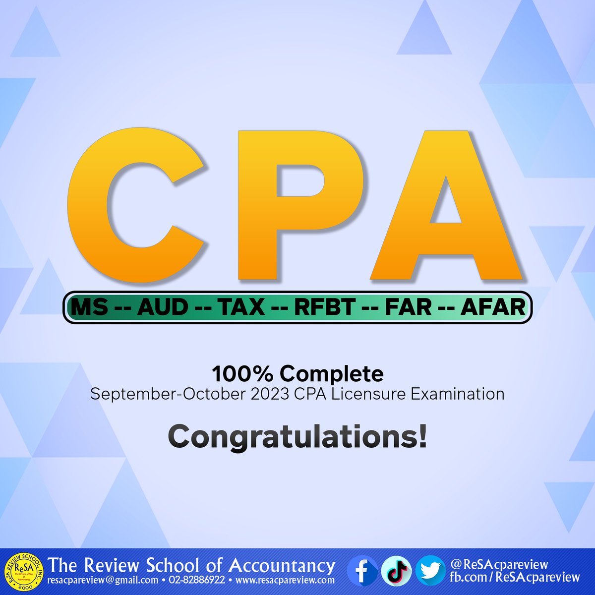 Congratulations! You have conquered the September-October 2023 CPA Licensure Examinations. Congratulations for the courage of showing up and for proving that you can outlast the exam! We're proud of you! 💙💛