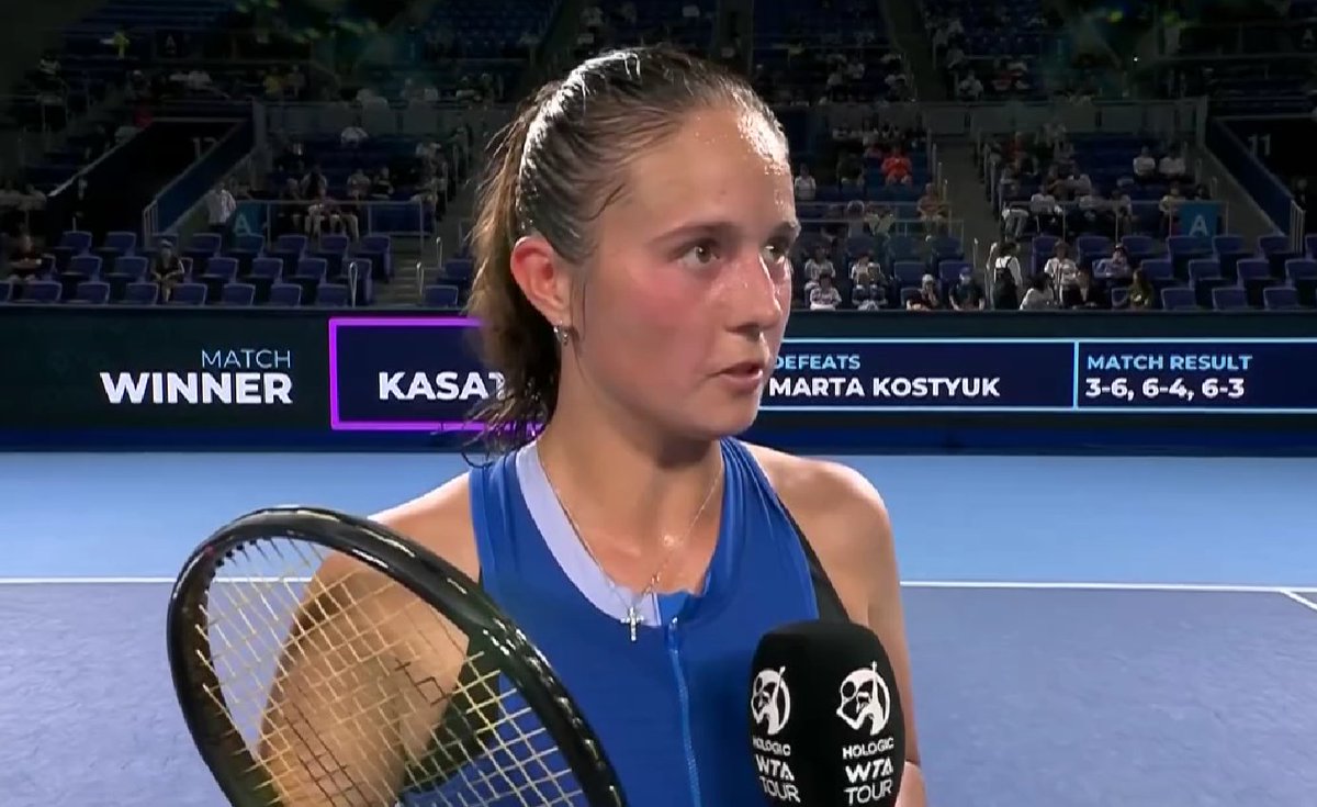 RelevantTennis's tweet photo. Daria Kasatkina after defeating Marta Kostyuk in three sets in Tokyo. 🎙️

"I am really trying not to be focused on the rankings, which is tough. I realized if you focus on the rankings too much, it is going to crush you and bring you down. I am just trying to focus on my game and the things I have to improve."

Dasha will face Papamichail in R2.