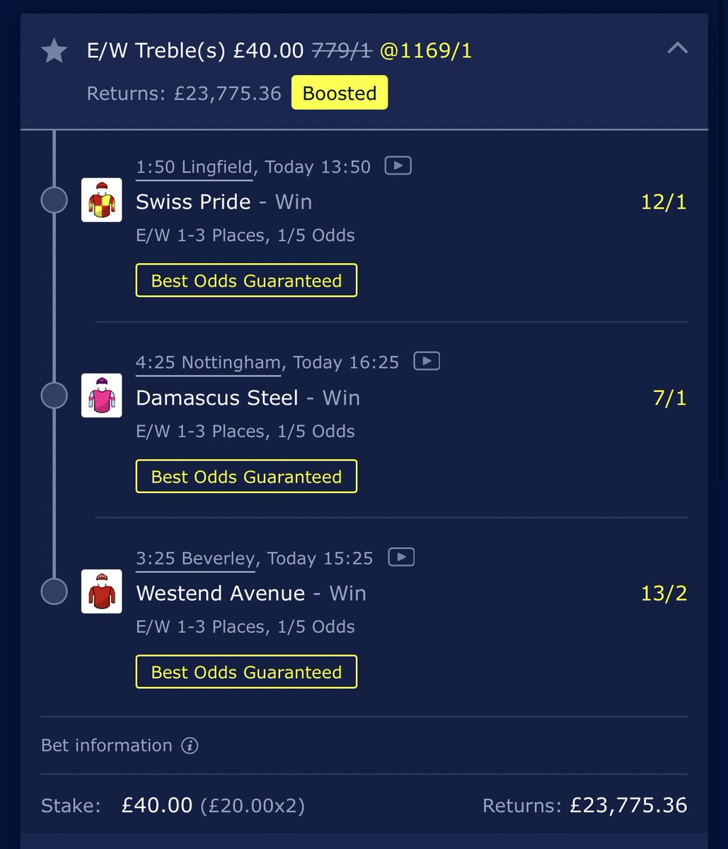 1000/1 EW TREBLE

£500 to 2 people who like and repost this tweet  if this wins the 20k 😉 

Must be following me