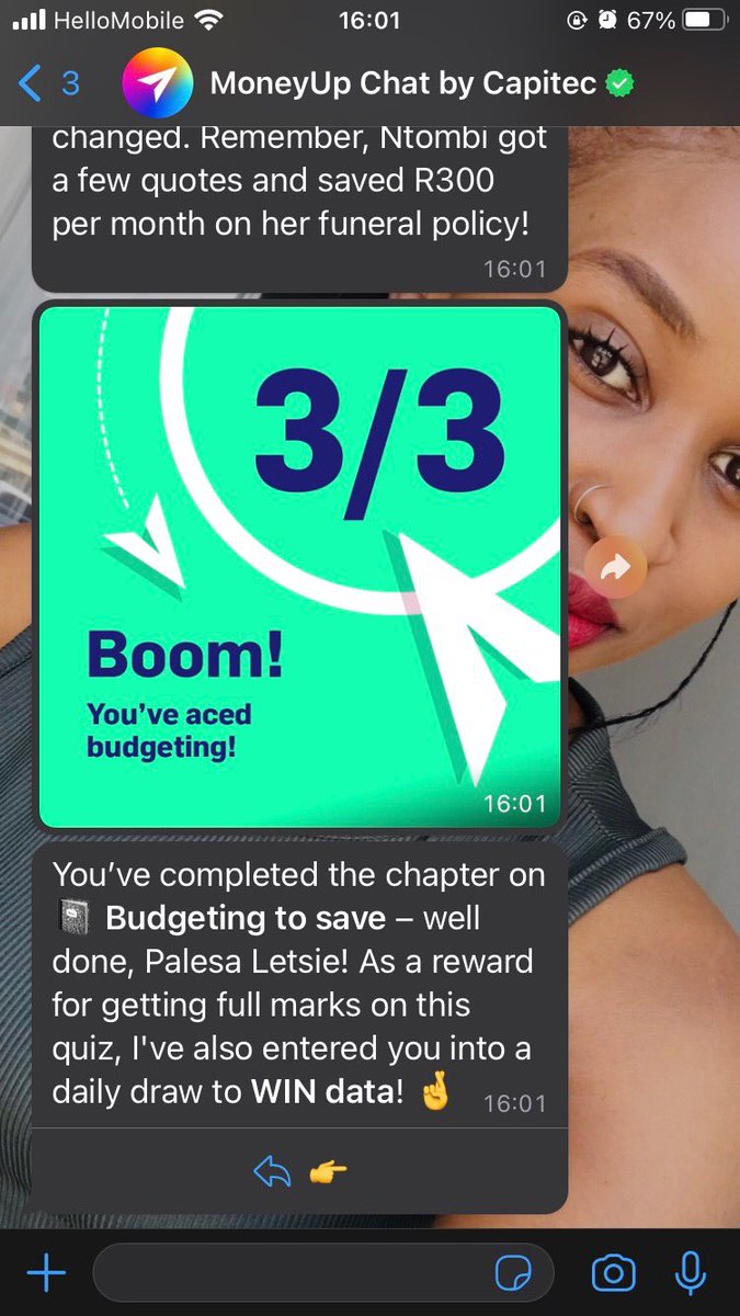 Pale_Letsie's tweet photo. Stand a chance to win R500 if you complete a Savings chapter from the @CapitecBankSA  MoneyUp Chat on WhatsApp, all you have to do is take part in the Savings course, complete a chapter, take a screenshot of your completion, tag @MlindoRSA &amp; #MoneyUpChat. https://t.co/W1uxf1LGIJ