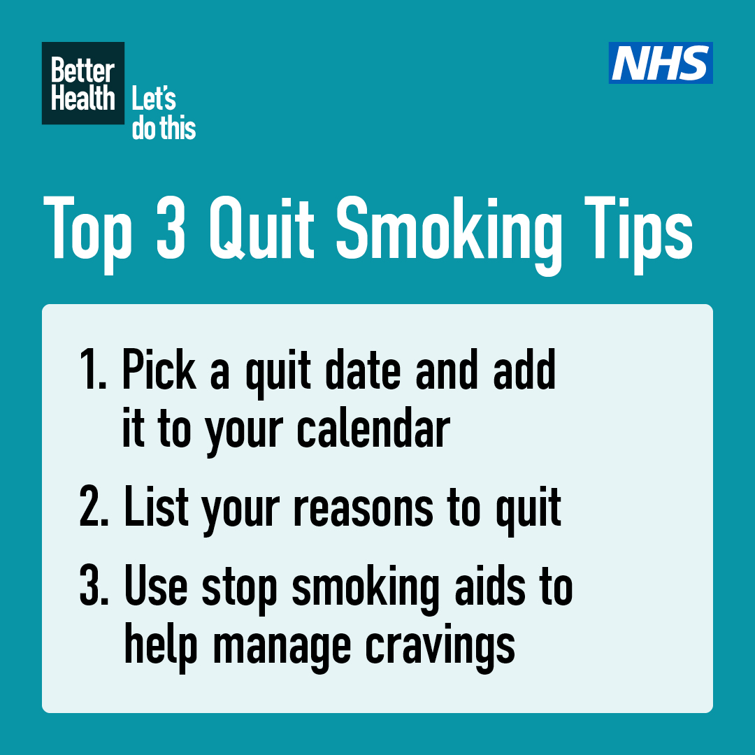 Decided to quit smoking for #Stoptober? Here's our top 3 tips: pick a quit date and add it to your calendar, list your reasons to quit, and use stop smoking aids to help manage cravings. Get more free support by downloading our NHS Quit Smoking app today: nhs.uk/better-health/…