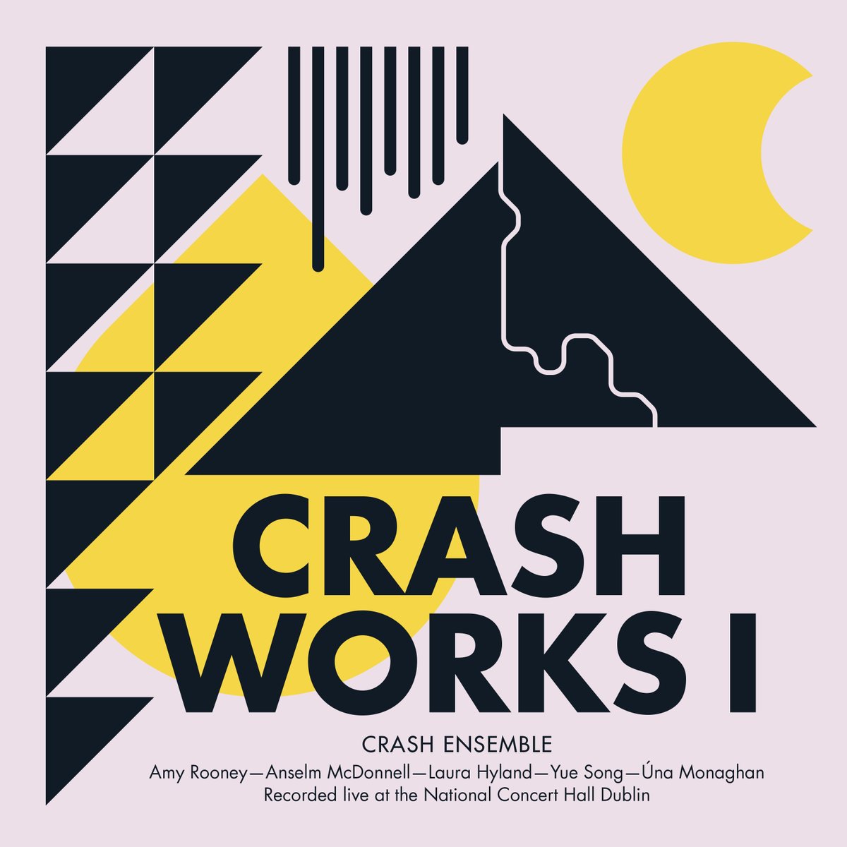 Album cover for Crash Works I on Crash Records. The design explores themes in the music from Amy Rooney, Anselm McDonnell, Laura Hyland, Yue Song, and Úna Monaghan. Crash Works is a partnership between @crashensemble and @NewMusicDublin