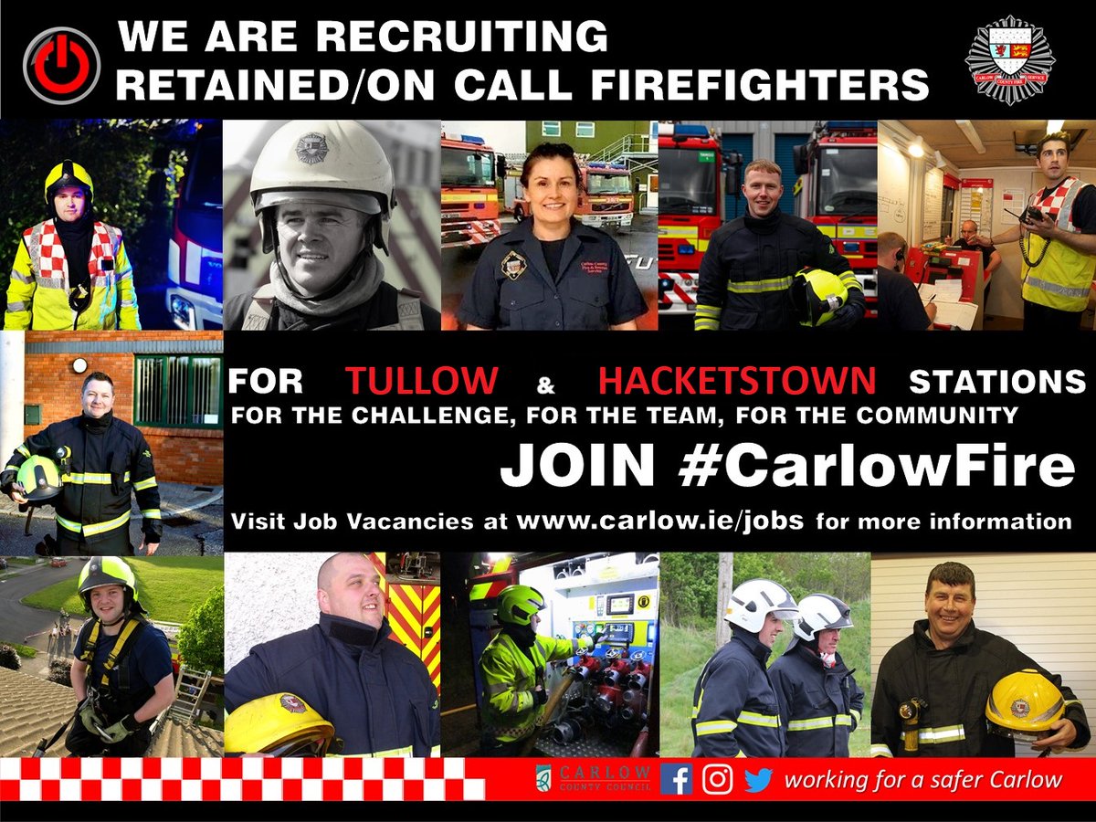 !!WE ARE HIRING!!

Carlow County Fire Service is recruiting for the post of Retained Firefighter in TULLOW & HACKETSTOWN Brigades.

The closing date is 12 noon on October 13th 2023.
Application details at carlow.ie/jobs
#JobFairy #jobs #inCarlow #Carlow