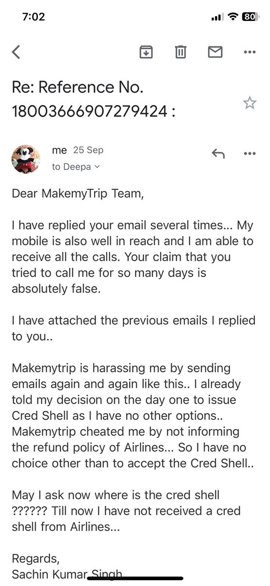 sach223's tweet photo. @makemytripcare Please refer attached my responses to all emails.. I am getting frustrated now. https://t.co/N2vjfHddOZ