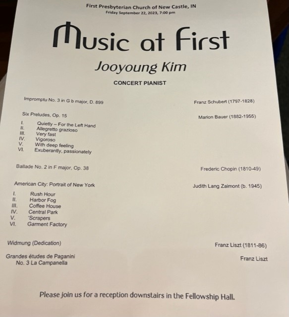 Autumn Retreat Concert! We ended our Retreat by enjoying the performance of concert pianist, Jooyoung Kim at New Castle's, First Presbyterian Church. Jooyoung was amazing and performed pieces by Schubert, Bauer, Chopin, &amp; Zaimont flawlessly. What a perfect end to our Retreat!