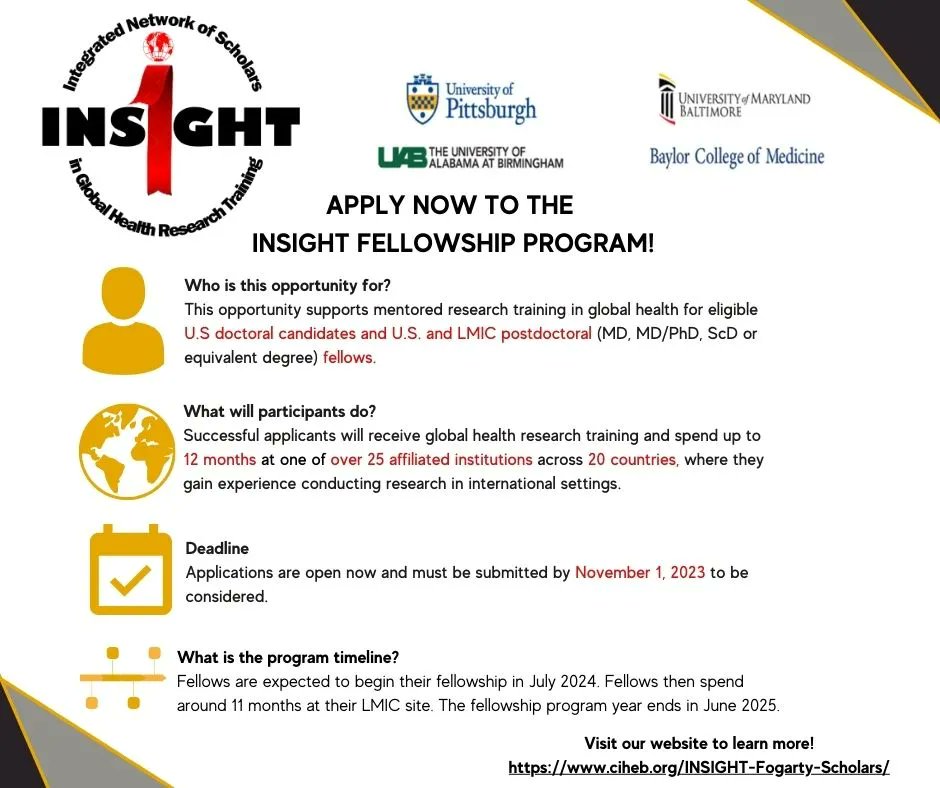 Are you looking for mentored research training? Looking to gain experience conducting research in international settings? Apply for the #INSIGHT Fellowship Program before the November 1st deadline. 

Read more here: buff.ly/3qIs0OZ
