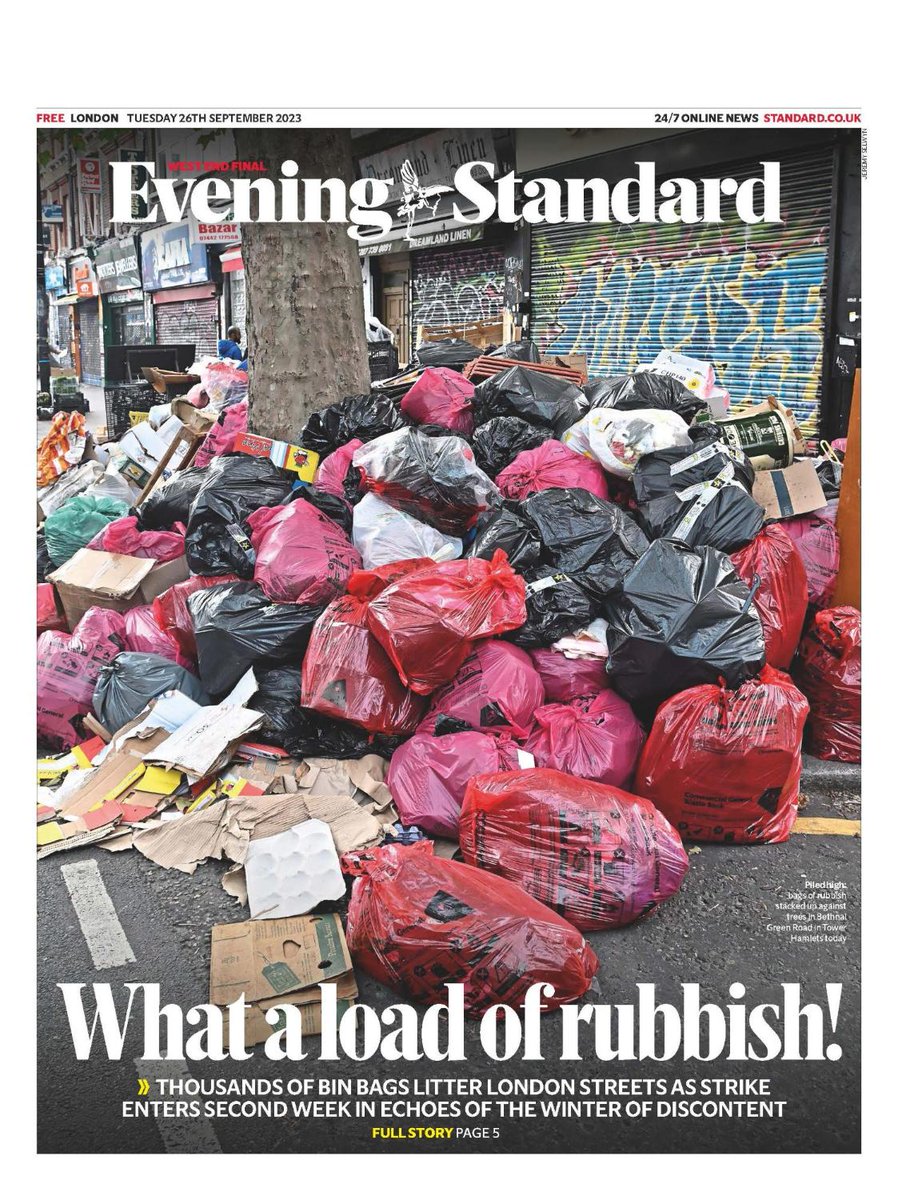 theLDNstandard's tweet photo. What a load of rubbish!

Festering piles of rotting trash line the streets of the East End in the second week of a month-long strike by bin collectors in Tower Hamlets #frontpage 🗞️ https://t.co/pHk5Lpho7D