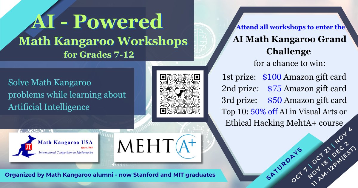 UsaKangaroo's tweet photo. #TriviaTuesday
Did you know? Math Kangaroo and MehtA+ are organizing free AI-powered Math Kangaroo Workshops for grades 7-12 students. 
Sign up today! https://t.co/VB3OYJ9Ggz

 #MathKangaroo #MehtAPlus #MathWorkshops  #Grades712Math #FreeEducation #MathSkills https://t.co/1riTxhiONB