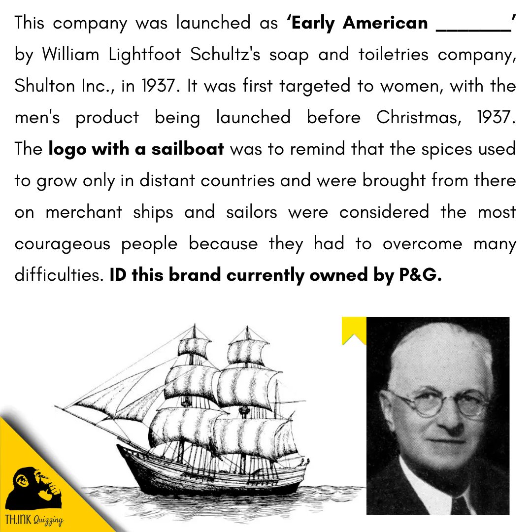SridharHRS's tweet photo. Quiz 1429) ID this brand currently owned by P&G and its logo of a ship is to remind that the spices from brought it from different places using the ships earlier.
#thinkquizzing #quiz #quizmaster #proctorandgamble #shavingfoam #deodrant https://t.co/XZJA5p70Aj