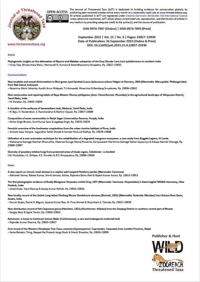 Threatened_Taxa's tweet image. JoTT | September 2023 | Vol. 15 | No. 9 | Pages: 23827–23930
Date of Publication: 26 September 2023 (Online &amp;amp; Print)
doi.org/10.11609/jott.…
#conservation #openaccessjournal #peerreviewed