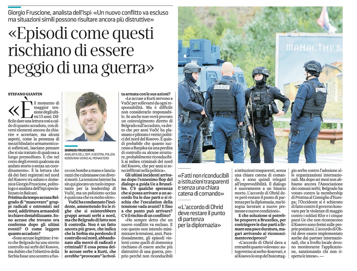 Gio_Fruscione's tweet photo. Anche se non ci sarà una nuova guerra in #Kosovo, episodi come quello di domenica rischiano di avere effetti anche più distruttivi. Soprattutto per il futuro delle relazioni con la #Serbia 

Ne ho parlato su @il_piccolo, oggi in edicola, nell'intervista curata da @stefanogiantin https://t.co/w7YsdVcWrh