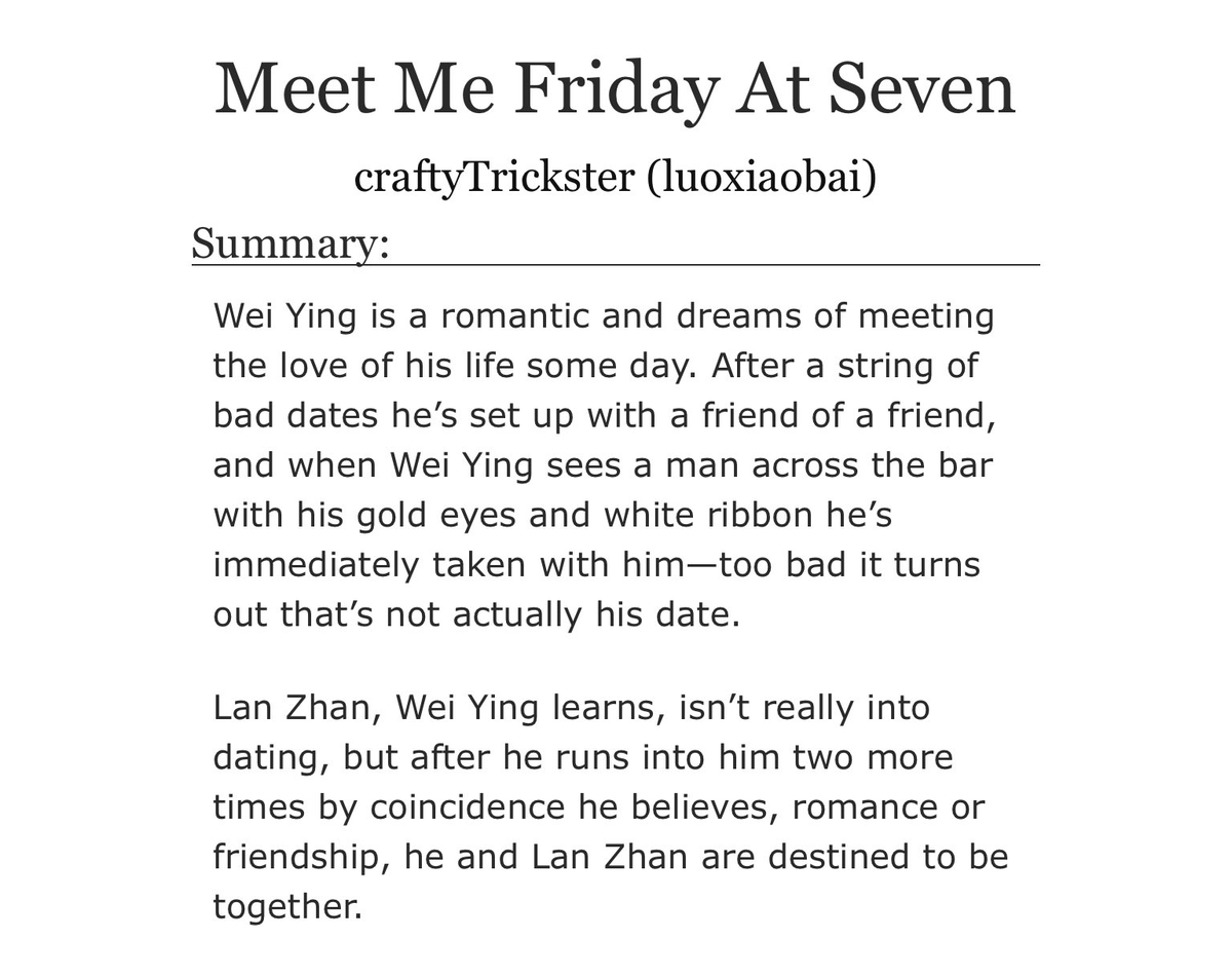 craftyTrickster's tweet photo. Meet Me Friday At Seven
(eventually) explicit | #wangxian | multi-chapter

❤️modern au meet cute
❤️blind dates
❤️single dad wwx
❤️slow burn

chapter 1 link below https://t.co/GeNsivFDtx