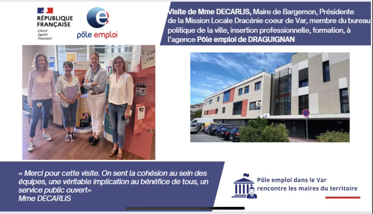 🙏 @nadinedecarlis, maire de #bargemon et présidente de la <a href="/missionlocale/">Mission locale</a> Dracénie coeur de Var pour cette visite de l’agence de #poleemploi #draguignan. Rencontre avec les équipes, échanges autour de notre offre de service, les besoins du territoire, focus sur nos jeunes…Merci!