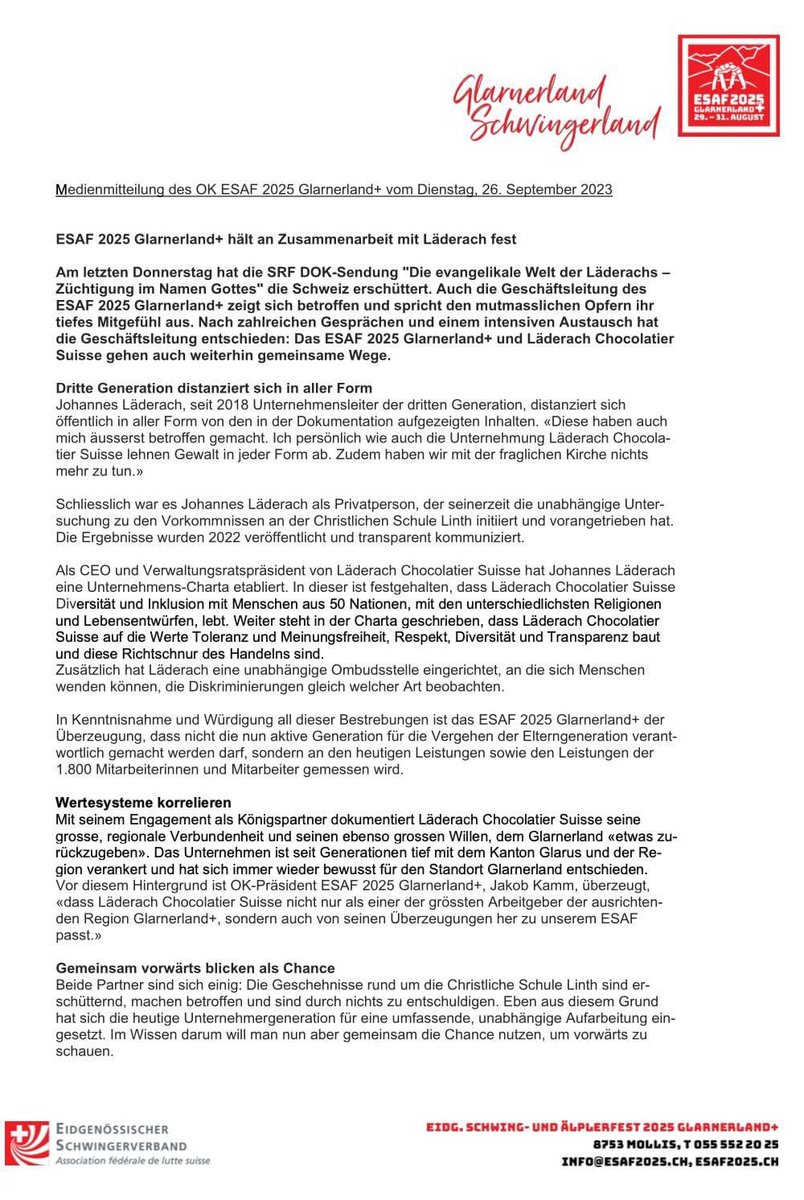 Antwort aus dem Kanton Glarus:

Das ESAF 2025 Glarnerland+ und Läderach Chocolatier Suisse gehen auch weiterhin gemeinsame Wege.