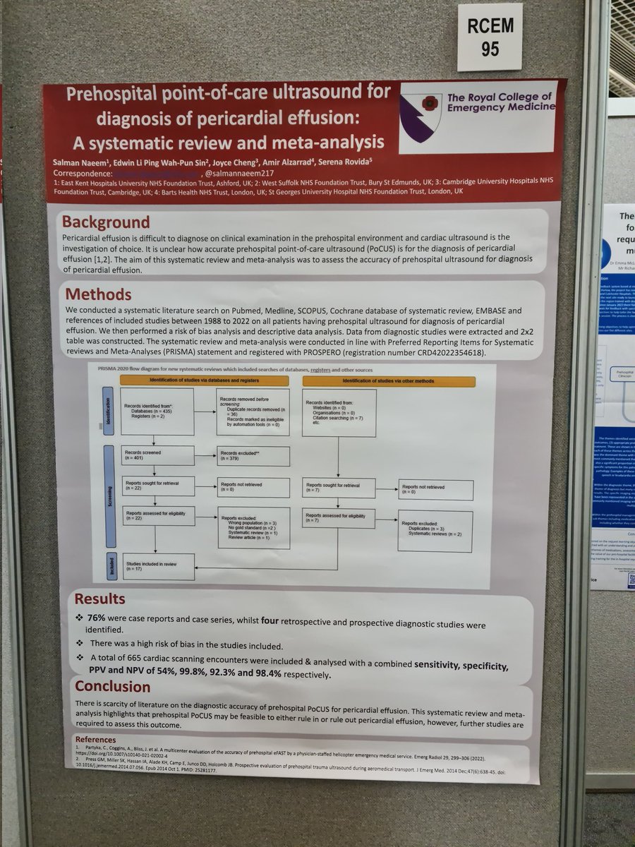 salmannaeem217's tweet image. Have a look at our posters about #prehospital #POCUS, SR about accuracy of prehospital POCUS of pericardial effusion and our QIP on modified PIC score for diagnosis of chest wall trauma
@RCEMevents #RCEMasc 
@EddCarlton @docdgn @DrTomHirst @themattmak