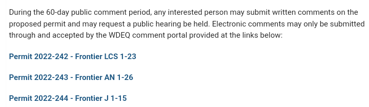 geoengineering1's tweet image. 🚨Public Consultation Required🚨

“Wyoming Department of Environmental Quality Notice of Proposed Underground Injection Control Permit Geologic Sequestration Site” #ClassVI #CarbonStorage

📆 Deadline: 19 October 2023

Details:
content.govdelivery.com/accounts/WYDEQ…