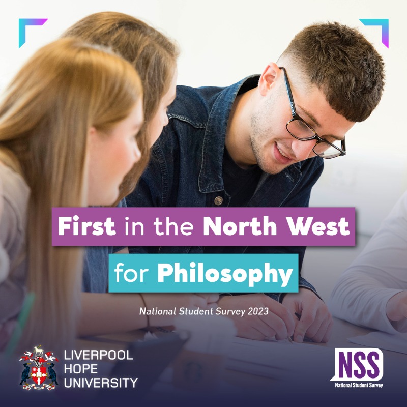 LiverpoolHopeUK's tweet photo. Our School of Humanities achieved some brilliant results in the recent National Student Survey (NSS).

First in the North West for English Language and Philosophy 👏