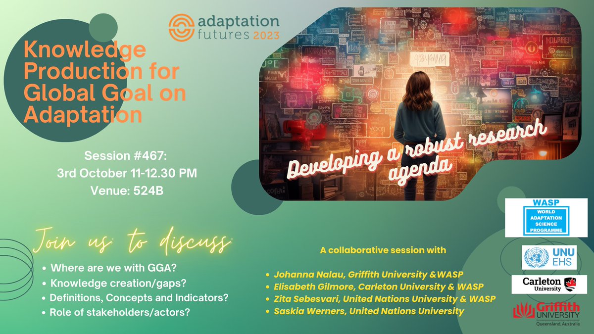 WaspClimate's tweet photo. WASP Members, Johanna Nalau, Elisabeth Gilmore and Zita Sebesvari, are holding a session on Knowledge Production for the Global Goal on Adaptation in collaboration with United Nations University next week at Adaptation Futures 2023 in Montreal.
#AdaptFutures https://t.co/U2AkMbMDna