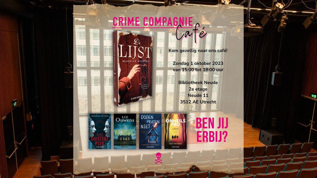 We presenteren zondag maar liefst 5
thrillers! Kom je ook voor een heerlijke middag met
onze crème de la crime-auteurs in hartje Utrecht!

De presentatie is in handen van bestsellerauteurs Loes
den Hollander en Marion Van de Coolwijk.

Wil je erbij zijn? crimecompagnie.nl/crimecafe