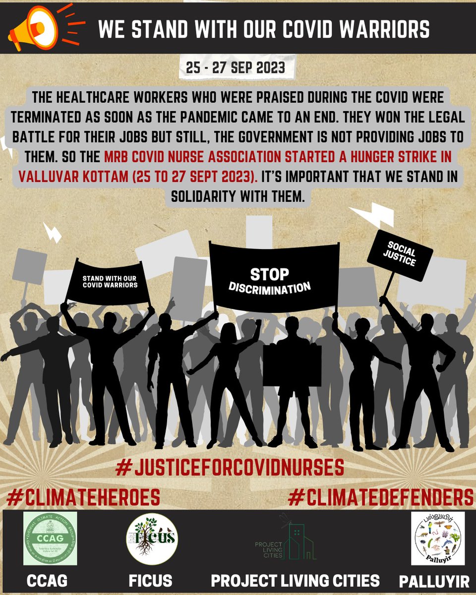 #JusticeForCovidNurses 
உயர்நீதிமன்ற நீதியரசர்  அளித்த தீர்ப்பை செயல்படுத்திட வேண்டி #mrbcovidnurses  செவிலியர்களின் உண்ணாநிலை போராட்டம்.
நாங்கள் எங்கள் கோவிட் போர்வீரர்களுடன் நிற்கிறோம்!
#ClimateHeroes #ClimateDefenders