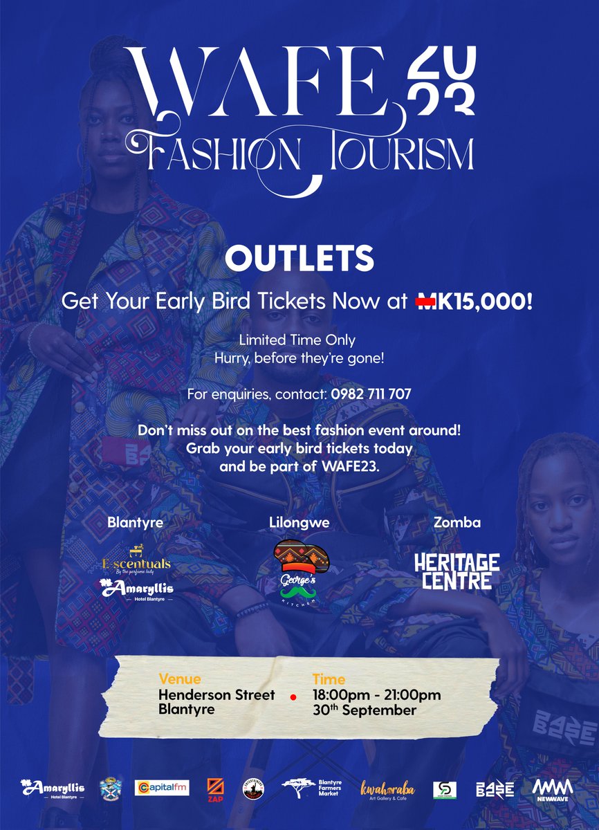 The anticipation is over! 🎉 WAFE 23 is right around the corner, and we're thrilled to unveil this year's lineup🇲🇼

Tickets available at Amaryllis Hotel and Escentials in Blantyre, Georges Kitchen in Lilongwe, and The Heritage in Zomba. 🏨🎟️ For more details @hallowafe. 📲💃