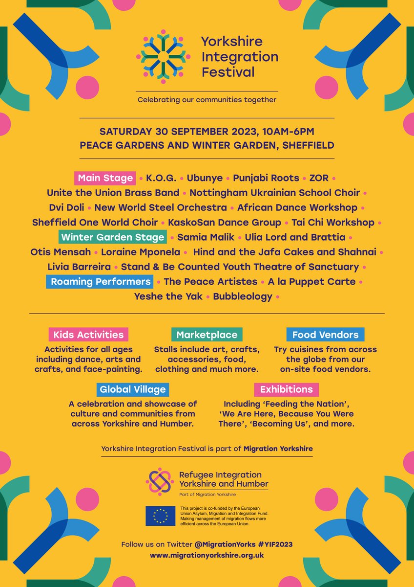 Join us for a day of community and celebration!🌎🎶 The Yorkshire Integration Festival is coming to Sheffield this Saturday! This free, family-friendly event is a celebration of migration and community. Don’t miss the incredible lineup of music, performances, and food! 🎤🎉 🤝