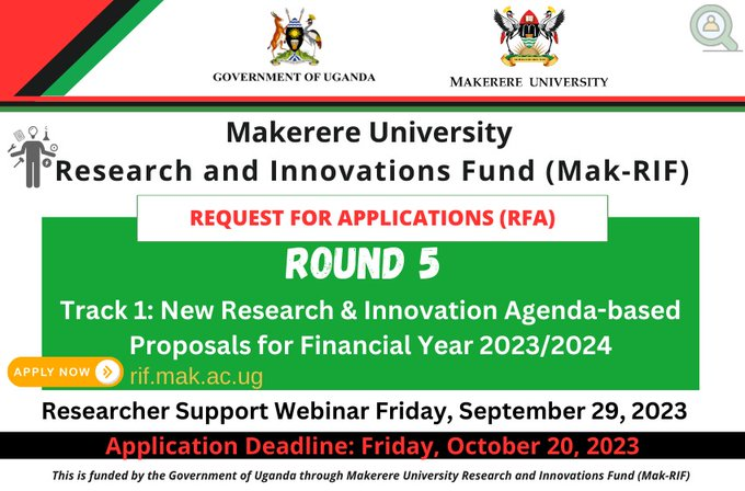 DICTSMakerere's tweet image. Take note of this webinar happening on Sept 29, 2023.

Request for Applications (RFA) as issued by @RIFMakerere 
Deadline is October 20, 2023. 
#Round5 
Track 1: New Research &amp;amp; Innovation Agenda-based Proposals for Financial Year 2023/2024, apply via rif.mak.ac.ug
