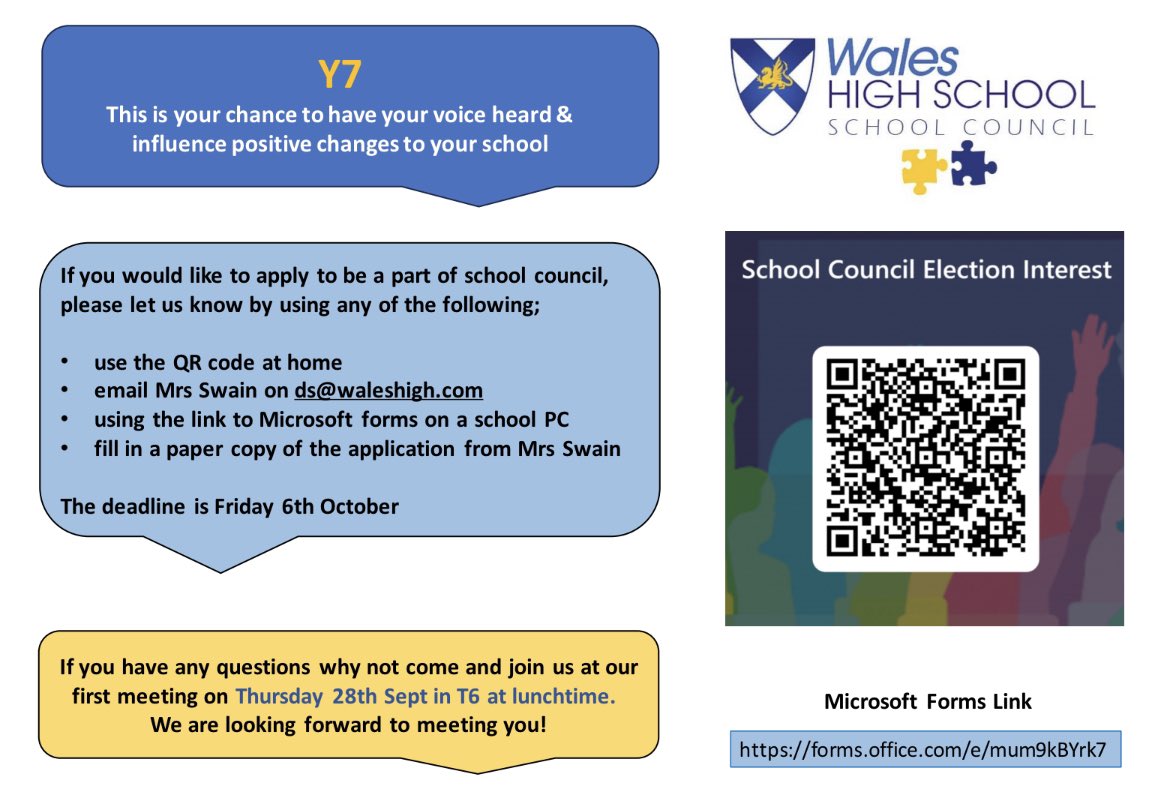 We have our first School Council Meeting of the new school year on Thursday at 1.10pm in T6. Any Y7s interested in joining us - please come along.