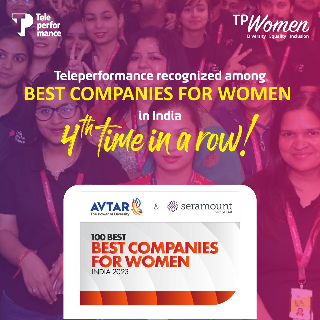 TPIndiaOfficial's tweet image. We are happy to announce that Teleperformance has been recognized among Avtar &amp;amp; Seramount 100 Best Companies for Women in India for the 4th consecutive time for cultivating a #GenderSmart work culture.

#TPIndia2023 #BestCompaniesForWomen #DEI #MenAsAllies #WomenLeadingChange