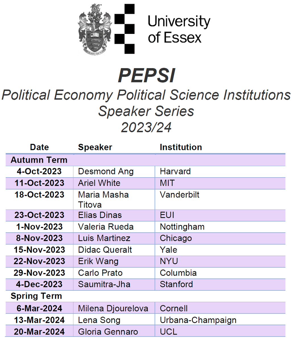 We announce the new PEPSI (Political Economy/Political Science Institutions) in-person seminar series at @uniessexgovt and @UoE_Economics, jointly organized with @Miche_Rosenberg. If you want to attend in person get in touch via email! Great list of speakers!