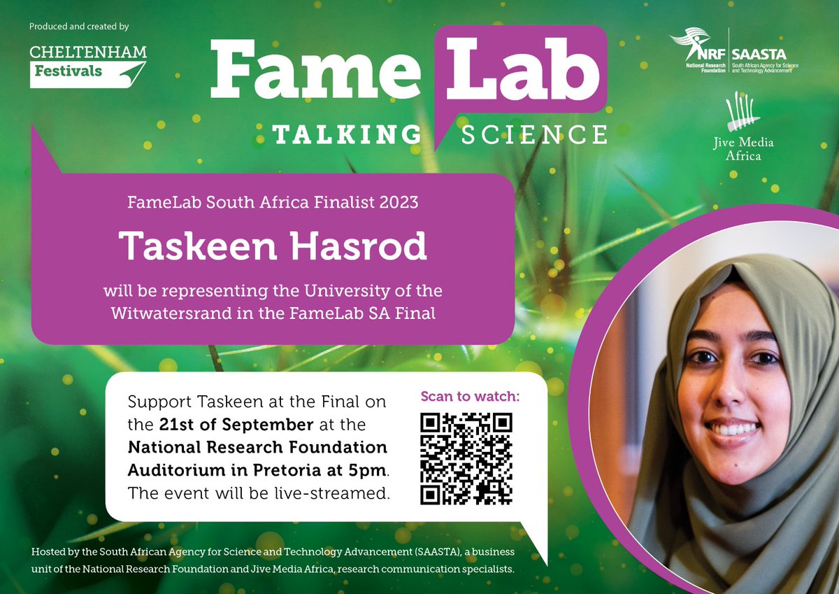 NRF_SAASTA's tweet photo. Congratulations to Taskeen Hasrod from Wits University for winning the #FameLabSA competition last week. Taskeen will represent South Africa in the international FameLab competition in Cheltenham, UK, on 24 November 2023. https://t.co/sSs3WB9ouH