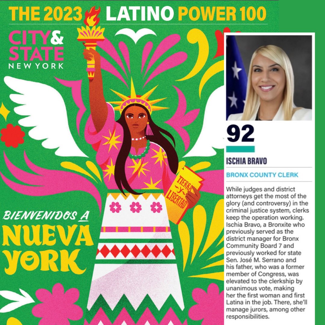 I am honored to be recognized by <a href="/CityAndStateNY/">City & State NY</a> 2023 Latino Power 100. 

As the First &amp; only Latina Woman to serve as the Bronx County Clerk/Commissioner of Jurors in NYS; I am proud to be on the list among such dynamic trail blazing Latinos. 

 #latinos #HispanicHeritageMonth