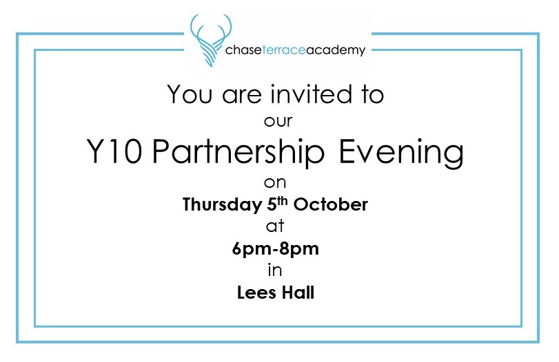 On Thursday 5th October, we would like to invite you and your child to join us at our Year 10 Partnership Evening. The event will focus on aspirations for the future and preparing your child for life beyond their GCSE examinations. More information here: shorturl.at/krQ45
