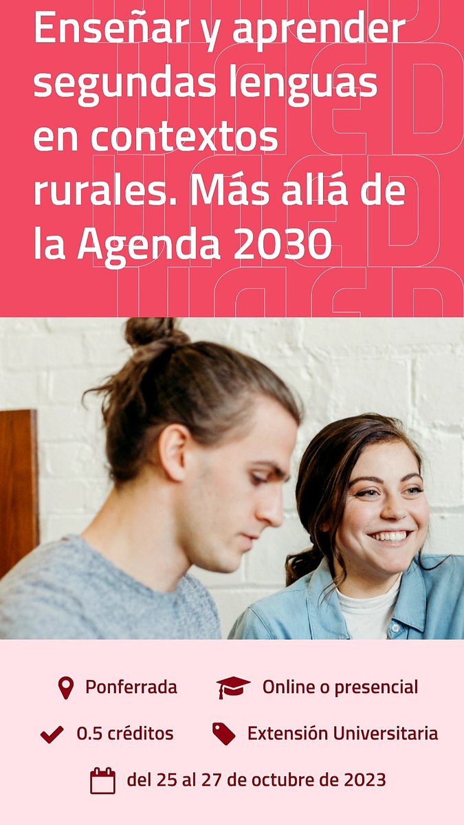 📢 A finales de octubre, tendrá lugar en <a href="/UNED_Ponferrada/">UNED-Ponferrada</a> el curso "Enseñar y aprender segundas lenguas en contextos rurales...", dirigido por nuestro compi <a href="/alber_im/">alber_im 🇵🇸</a> (de <a href="/EducacionUNED/">Facultad de Educación de la UNED</a>),  co-diseñado junto a <a href="/asanchezelvira/">Ángeles Sánchez-Elvira Paniagua</a> (dir. <a href="/cued_/">Cátedra UNESCO EaD</a> ). 

🔍Más info:
extension.uned.es/actividad/3237…