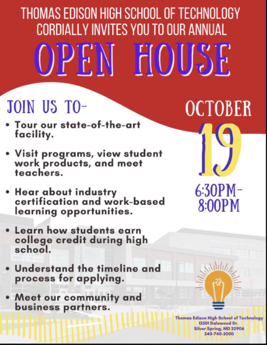 Hey <a href="/MCPS/">MCPS</a> staff, students, and community! Save the date! TEHST Open House is on on October 19th from 6:30 to 8 PM. Come out and meet our amazing staff. You will also be able to tour our state of the art building. #MCPS #trades #services #Construction #automotive #industrycert