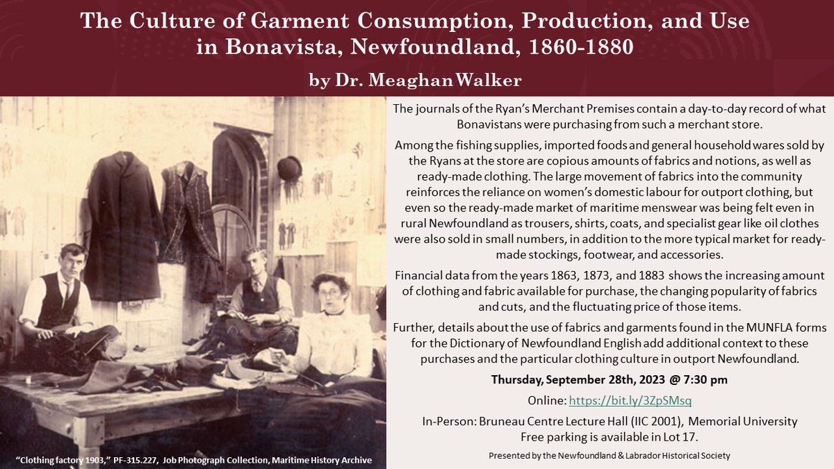 Dr. Meaghan Walker gives a talk on garment production in 19th-century Bonavista at the NL Historical Society on Thursday 28 September 2023!