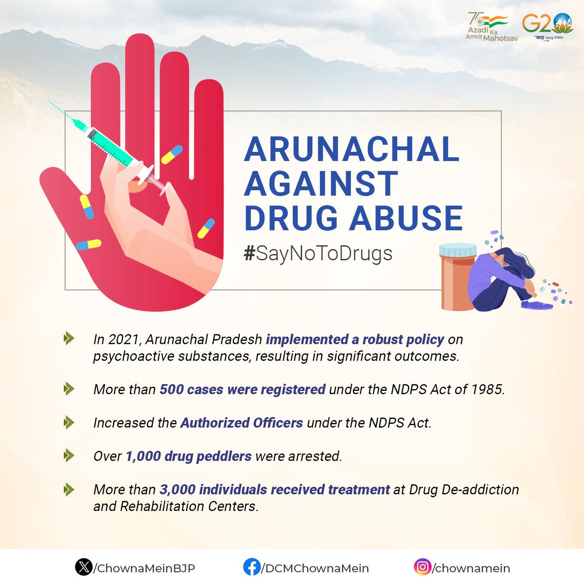 ChownaMeinBJP's tweet photo. GoAP through the establishment of drug de-addiction centers in various districts, enhancing existing facilities and with initiatives like the Mukhya Mantri Nasha Mukti Yojana, has taken a firm stance against drug abuse in the State. These tangible steps offer assistance and resources to individuals grappling with addiction.

I encourage all residents of Arunachal to unite in the battle against drug abuse and collectively build a more secure and healthier Arunachal Pradesh.