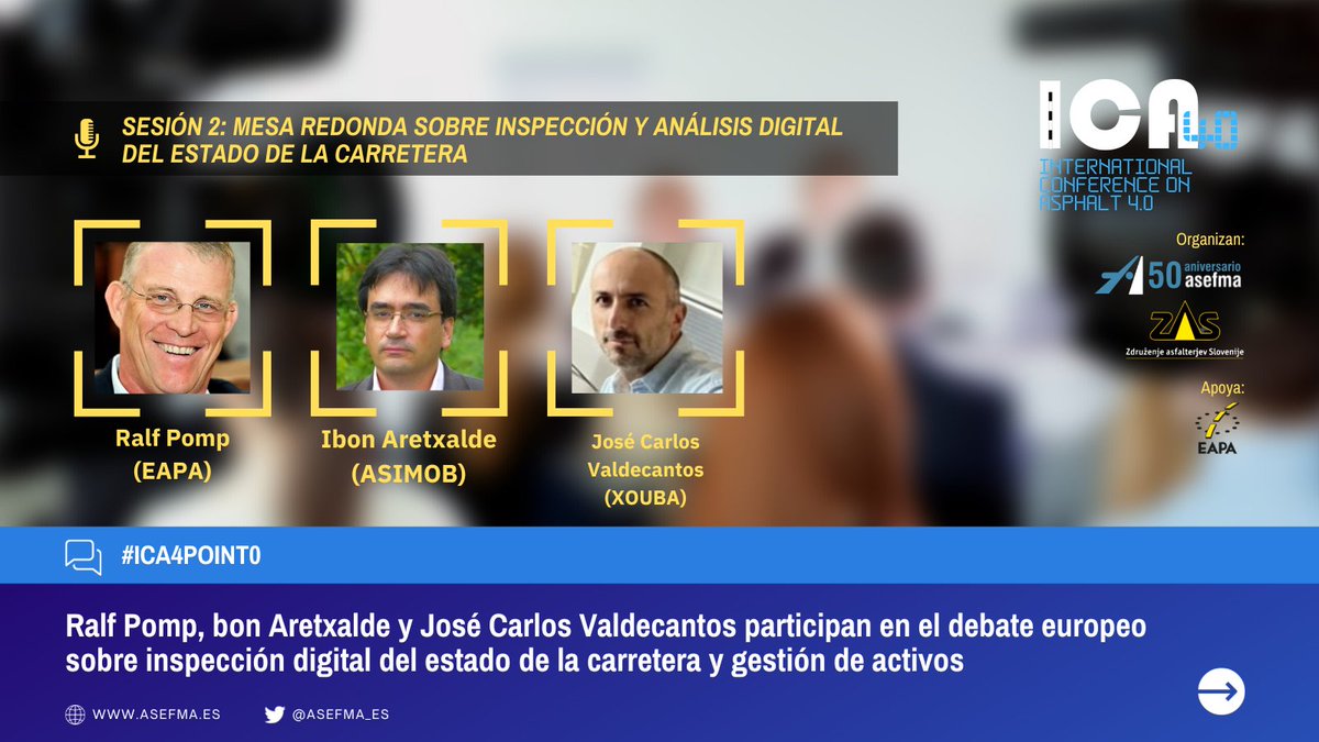 👨‍⚖️ <a href="/B_GomezMeijide/">Breixo Gómez Meijide</a> (<a href="/eapa_org/">EAPA</a>) coordina el debate de #ICA4point0 sobre gestión de activos en el que participan

🎙️Ralf Pomp (EAPA)
🎙️<a href="/IbonAretxalde/">Ibon Arechalde</a> (<a href="/ASIMOB_Services/">ASIMOB</a>)
🎙️José Carlos Valdecantos (<a href="/XoubaRoads/">Xouba. Data for safer Roads</a>) 

🔎 ow.ly/h9Ry50PPtiu