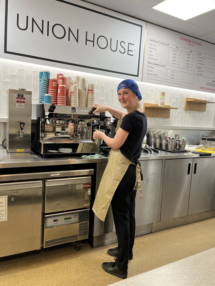 Hot chocolate tastes so much better when it’s an ex intern making it. Congratulations 🎉 Abbie on your new position with the @ISS__UK catering team on level 5 @UHDBTrust 
@dfnsearch #supportedinternship #internshipswork #projectsearch