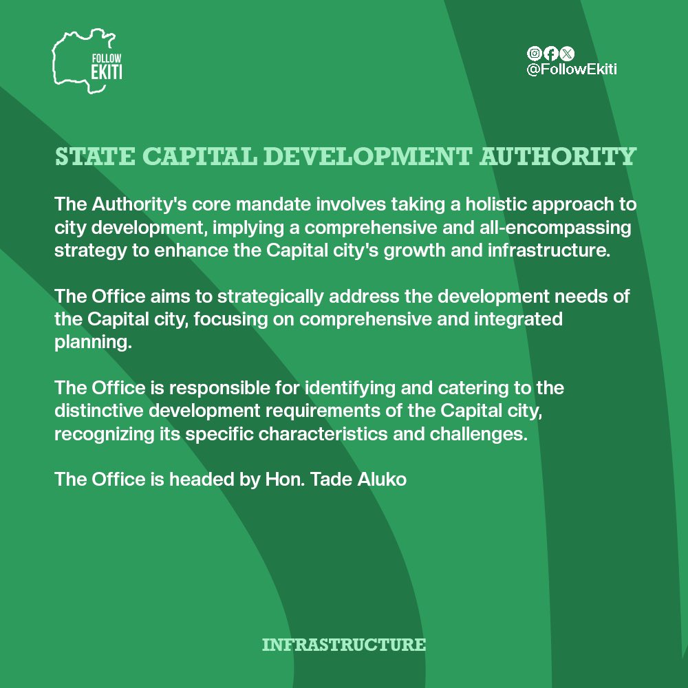 Governor Oyebanji's administration is committed to the Infrastructure and Industrialization pillar, with a focus on transforming Ado Ekiti into a modern 21st Century Capital City.

#InvestinEkiti
#FollowEkiti
#EkitiState
#Infrastructure
#Industrialization
#KeepingEkitiWorking