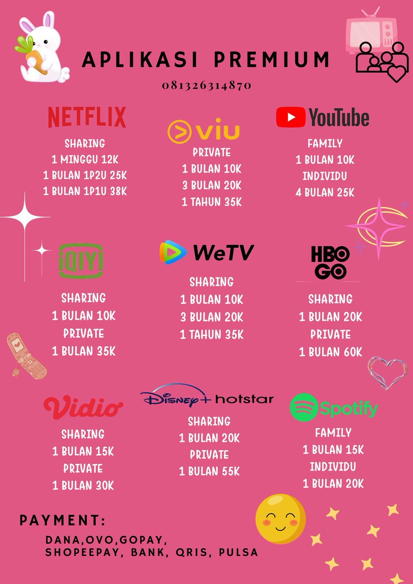 TOKO_NETBLIX's tweet photo. Jual Aplikasi Premium 💫

Netflix, Spotify, Disney Hotstar, Viu, WeTV, Youtube, Vidio, Iqiyi, Hbo Go

▫️ Bergaransi

[ #zonauang #Dilireba CNBLUE Pratama Arhan Tanah Abang AON 40gb Petualangan Sherina 2 dana spay giveaway ] https://t.co/mLwlEFo6ai